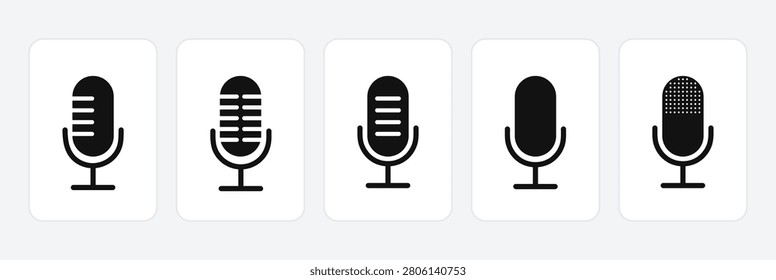 A collection of five distinct microphone icons, each featuring a unique design style, presented in a clean, minimalist vector format on a white background.