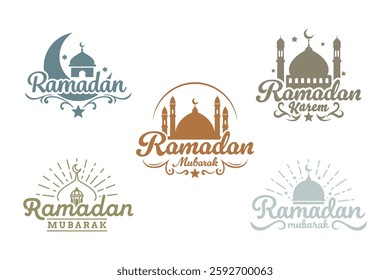A collection of five distinct Ramadan Mubarak logo designs incorporating Islamic architectural elements and calligraphy.