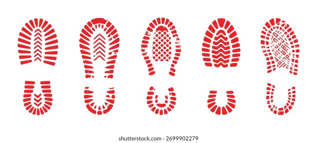 A collection of five distinct red shoe prints, each with a unique tread pattern, displayed against a clean white background.
