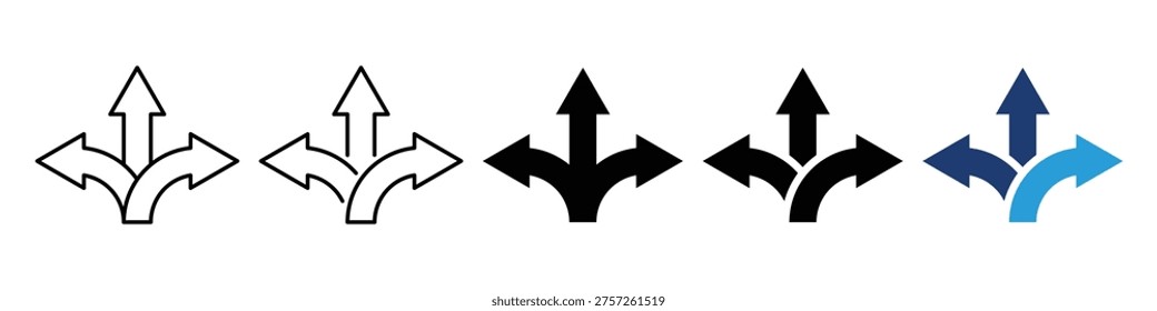 A collection of five distinct three-way directional arrow icons showing multiple path choices