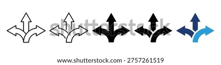 A collection of five distinct three-way directional arrow icons showing multiple path choices
