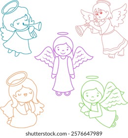 Collection of five drawings of Cherubim Angels of different colors. 