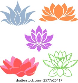 Collection of five drawings of different colored Lotus Flower as a symbol of hope in health. 