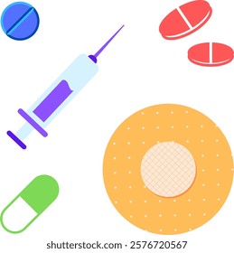 Collection of five drawings of different types of medication for treatment of medical conditions. 