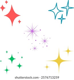 Collection of five drawings of sparkles in assorted color as symbol of hope. 