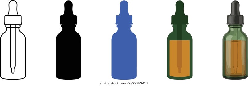 A collection of five dropper bottles displayed in various styles including outline, silhouette, flat color, and realistic rendering.