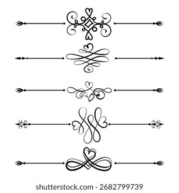 Collection of five elegant black and white ornamental text dividers featuring scrolls, swirls, and heart designs. Ideal for vintage, wedding, or decorative graphic design projects.
