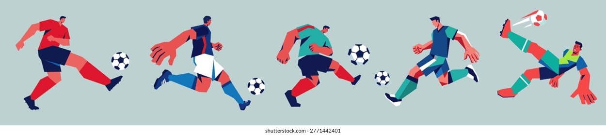 A collection of five geometric soccer players in various action poses including kicking and jumping. Professional flat design illustration perfect for sports banners, tournament posters, and athletic website headers.
