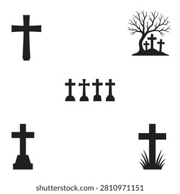 Collection of five grave cross silhouettes in pure black vector style. Perfect for Halloween cemetery scenes, gothic artwork, Cricut projects, and commercial use.