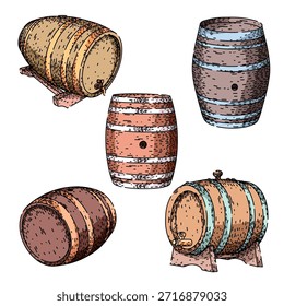 Sammlung von fünf handgezeichneten Illustrationen, die verschiedene Holzfässer zeigen, einige mit Wasserhähnen und auf Ständern, die Konzepte der Weinalterung, Lagerung und traditionellen Getränkehandwerk darstellen