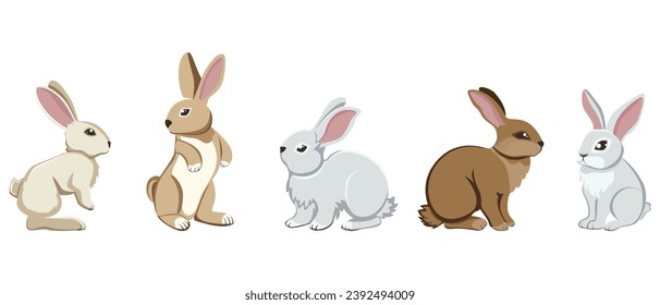 A collection of five hares and rabbits. Close-up. White background. For web design, print, children's illustrations, stickers.