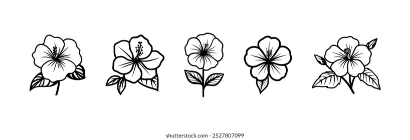 Una colección de cinco flores de hibisco en varios estilos, representados en un diseño de arte lineal simple.