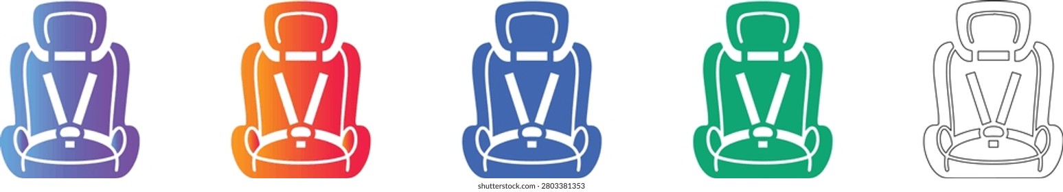 A collection of five high quality icons showing child booster seats in various gradient colors and one outline style. These represent essential safety gear for toddlers, ideal for educational content, safety manuals, and retail product catalogs.