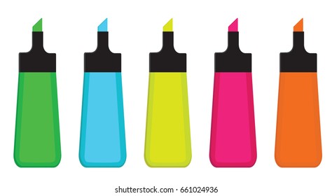 Collection of five highlighter pens: green; blue; yellow; pink;orange