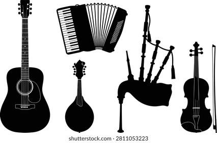 A collection of five high-quality black silhouettes of traditional and folk musical instruments on a white background. This versatile vector set is ideal for music festival branding, concert posters, and instrument shop logos.
