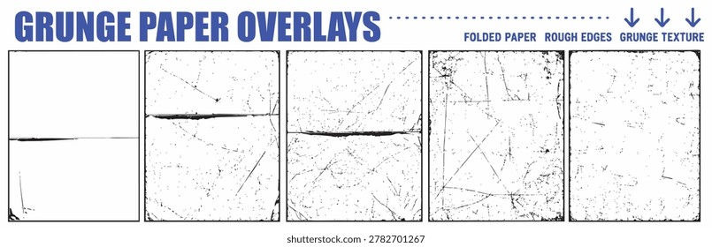 Collection of five high-quality grunge paper texture overlays featuring folded lines, distressed edges, and vintage scratches isolated on white background.
