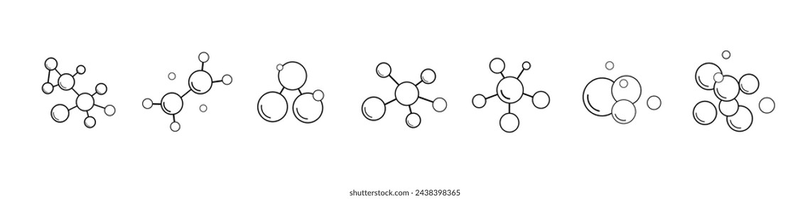 Eine Sammlung von fünf Icons mit Umrissen von Molekülen, atomaren Verbindungen auf einem weißen Hintergrund. Die Struktur der Substanz. Formeln von Molekülen und chemischen Verbindungen. Vektorgrafik.