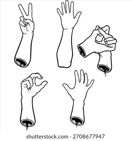 Una colección de cinco brazos humanos ilustrados y cortados haciendo varios gestos con las manos en un estilo de arte lineal gráfico en blanco y negro.