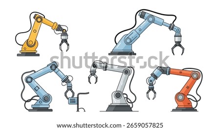 Collection of Five Industrial Robotic Arms in Various Colors and Poses Showing Precision Engineering for Automated Manufacturing Processes