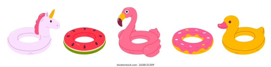 Collection of five inflatable pool floats shaped like unicorn, watermelon, flamingo, donut, and duck, perfect for summer design kits and kids' vacation graphics