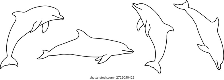 Una colección de ilustraciones de arte de cinco líneas de delfines en varias poses, adecuado para Elementos de Diseño gráfico.