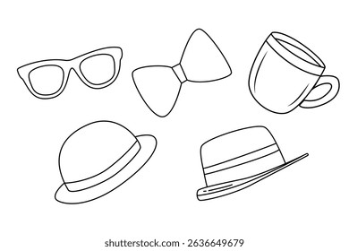 Collection of five men's accessories in black line art: bowler hat, fedora, sunglasses, bow tie, and mug. Isolated vector illustrations with a clean, simple outline style on a white background.