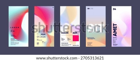 A collection of five modern, abstract posters featuring vibrant gradients and bold typography. Each design showcases a unique blend of colors and text, creating a visually striking and contemporary