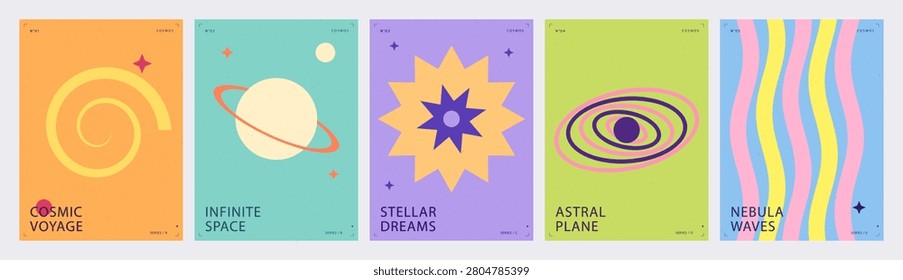A collection of five modern, minimalist posters featuring celestial motifs including spirals, planets, stars, and waves in a retro-inspired color palette.