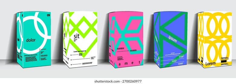 A collection of five modern packaging designs featuring bold geometric patterns and vibrant colors. Each package displays unique branding elements and typography