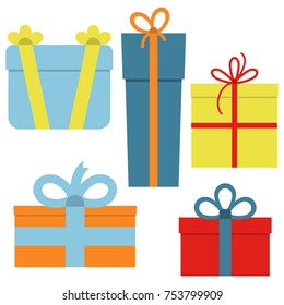 Collection of five multi colored gift boxes. Vector illustration

