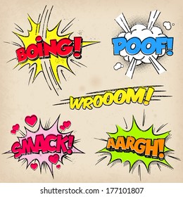 Collection of five multicolored comic sound Effects with a grunge Print Style