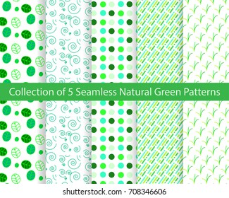 Collection of five Natural Green Seamless Patterns in Vector EPS10
