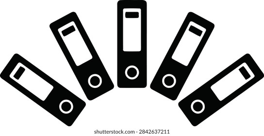 A collection of five office ring binders arranged in a fan shape, representing organization, filing, and document management in a workplace.
