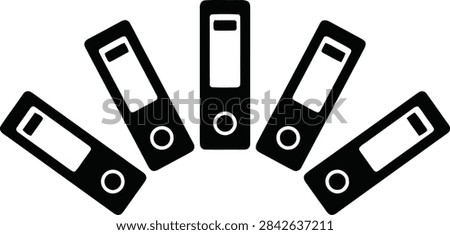 A collection of five office ring binders arranged in a fan shape, representing organization, filing, and document management in a workplace.