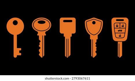 A collection of five orange vector icons representing different types of keys