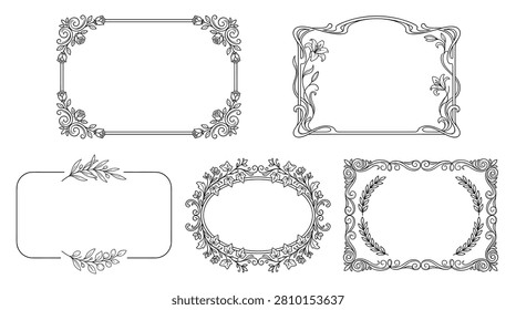 Collection of five ornate vintage decorative frames featuring floral motifs and elegant swirls. Ideal for invitations, greeting cards, wedding designs, and graphic projects. Add sophisticated flair to your creations.