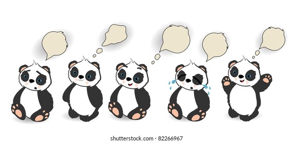 Collection of five panda bears with furry speech bubble on white background, vector illustration