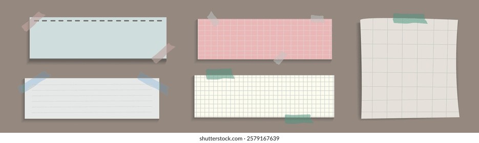 Collection of five paper notes, featuring grid, lined, and plain designs. Paper notes taped on a brown background. Perfect for scrapbooking or note-taking. Cute memo vector illustration set.