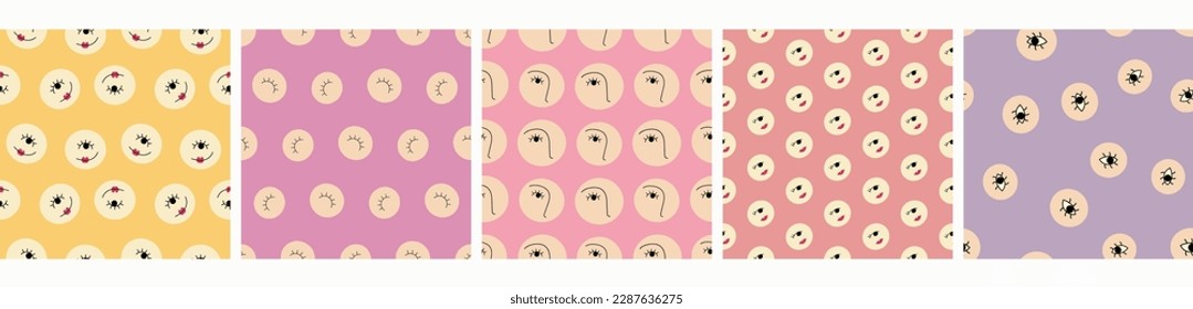 Collection of five patterns, flat sketch. Simple print for fabric, packaging, endless texture
