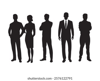  collection of five professional silhouettes representing a diverse business team. The figures include men and women in formal attire, showcasing leadership, professionalism, and teamwork.