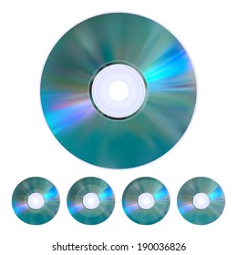 The collection of five realistic cd, dvd disks.