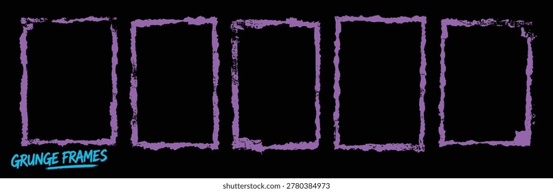 A collection of five rectangular frames with a distressed, grunge texture in a vibrant purple color, set against a solid black background. Ideal for creative design projects, photo borders, or artisti