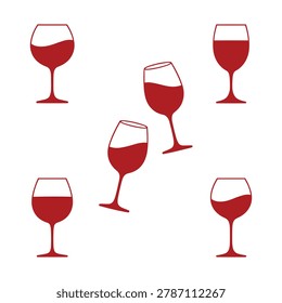 A collection of five red wine glasses, some standing upright and others tilted, filled with red wine, presented as a flat vector illustration.