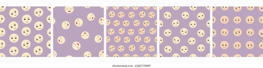 Collection of five repeating patterns, minimalist elements. Continuous print, seamless colorful design.