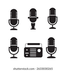 Collection of five retro microphone icons and one radio icon. White graphics on a transparent background are a valuable feature for designers, allowing for easy integration into various projects.