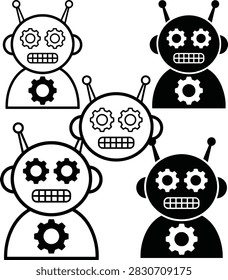 Collection of five robots with visible gears and mechanical faces in black and white