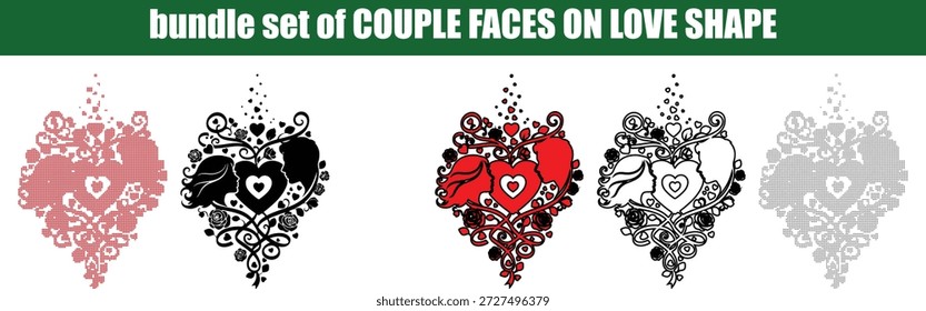 Uma coleção de cinco desenhos românticos do coração cada um intrincadamente trabalhada com as silhuetas de um casal amoroso abraçando dentro da forma Os corações estilizados são adornados com delicadas rosas vinhas e pequenos corações apresentados em várias cores e estilos de contorno, incluindo pontilhado sólido e contornos variações isoladas em um fundo transparente perfeito para Valentines Day