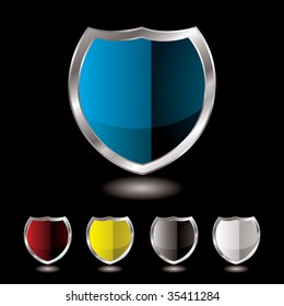 Collection of five shields with black background and reflection
