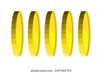 Collection of five shiny gold coins stacked on a flat surface with bright lighting