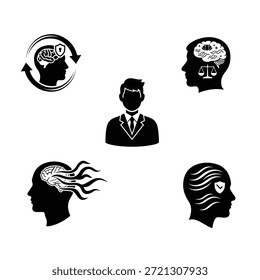 Coleção de cinco ícones de silhueta representando vários conceitos de negócios e tecnologia, ideal para projetos profissionais e criativos.